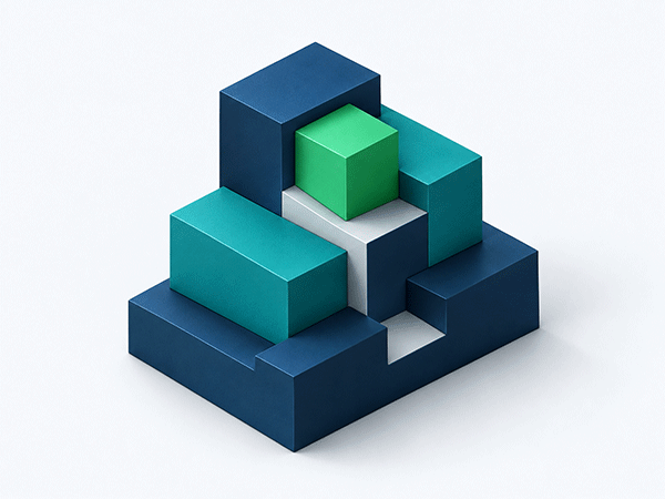 Isometric illustration of navy, teal and green blocks fitted together